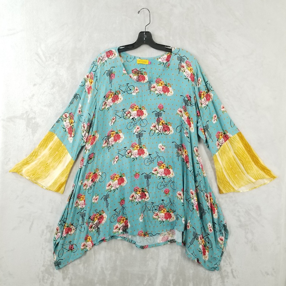 Benares Tunic Women XL Mixed Print Bicycle Floral Flowy Eclectic‎ Whimsy Blouse